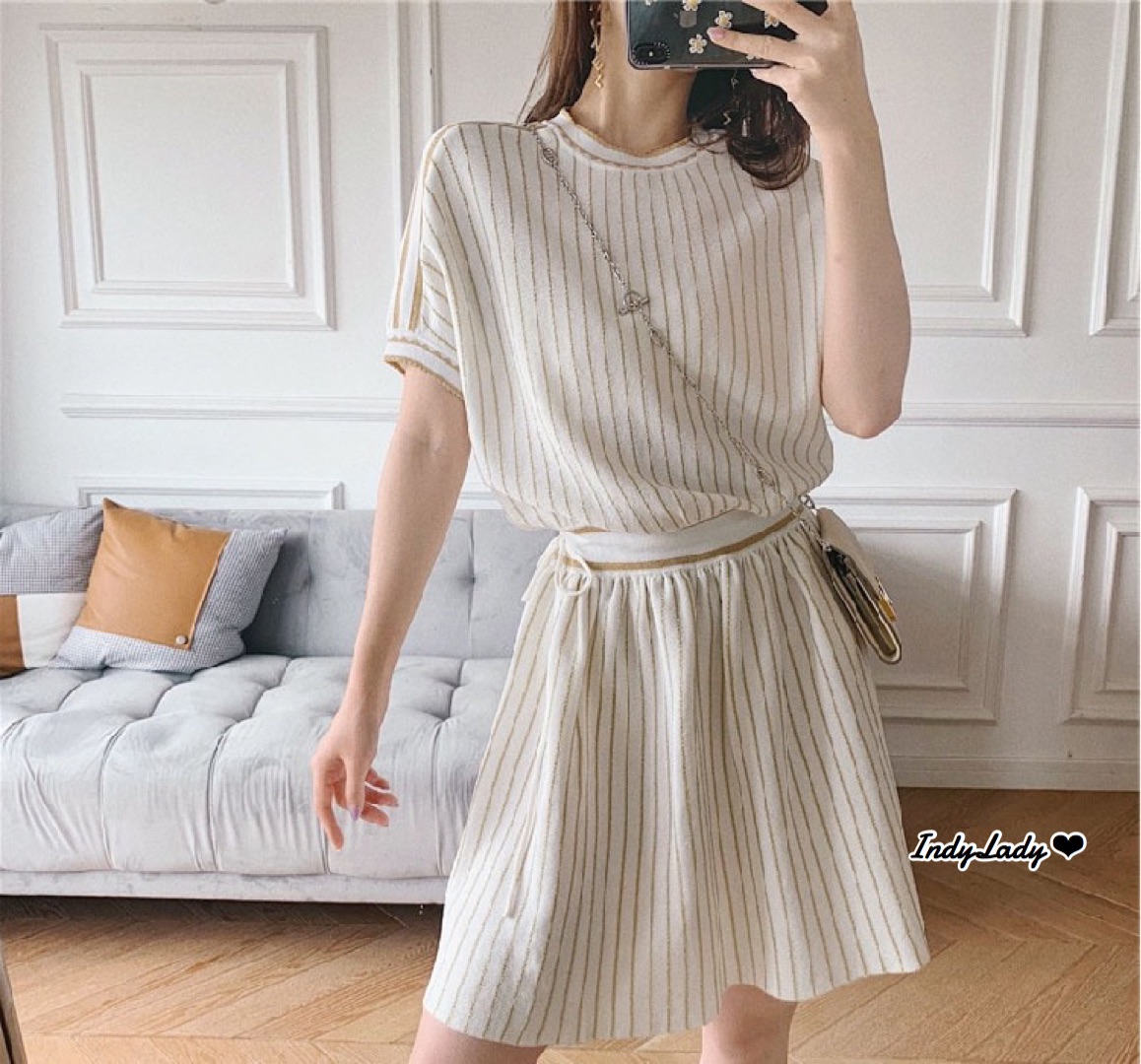 Dress งานไหมพรม แขนสั้น ลายริ้ว