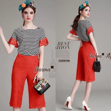 Lady Ribbon Online เสื้อผ้าออนไลน์ ขายส่ง normal ของแท้ NA05140716 🎉Normal Ally Present striped and lace casual summer set