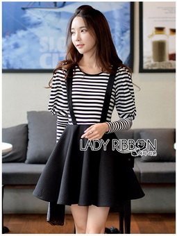 LR03220816 🎀 Lady Ribbon's Made 🎀 Lady Abby Sweet Minimal Striped Overall Dress เดรสเอี๊ยมสีดำทับเสื้อแขนยาว