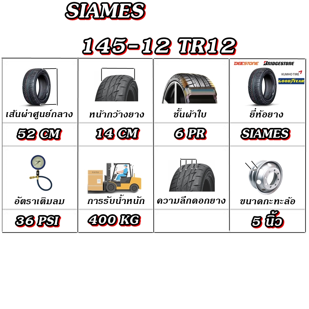 ยางรถตุ๊กๆ ยางรถพ่วงข้าง ยางรถกะป้อ ขนาด 145-12 รุ่น TR12 6PR ยี่ห้อ SIAMES