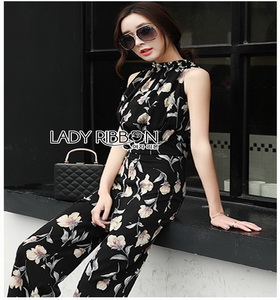 Lady Ribbon Holiday Floral Printed Jumpsuit