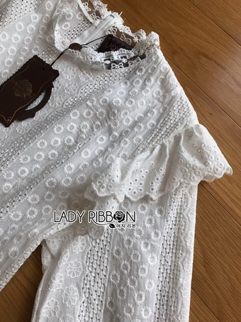 Lady Clemence Ruffle Embroidered White Cotton Dress