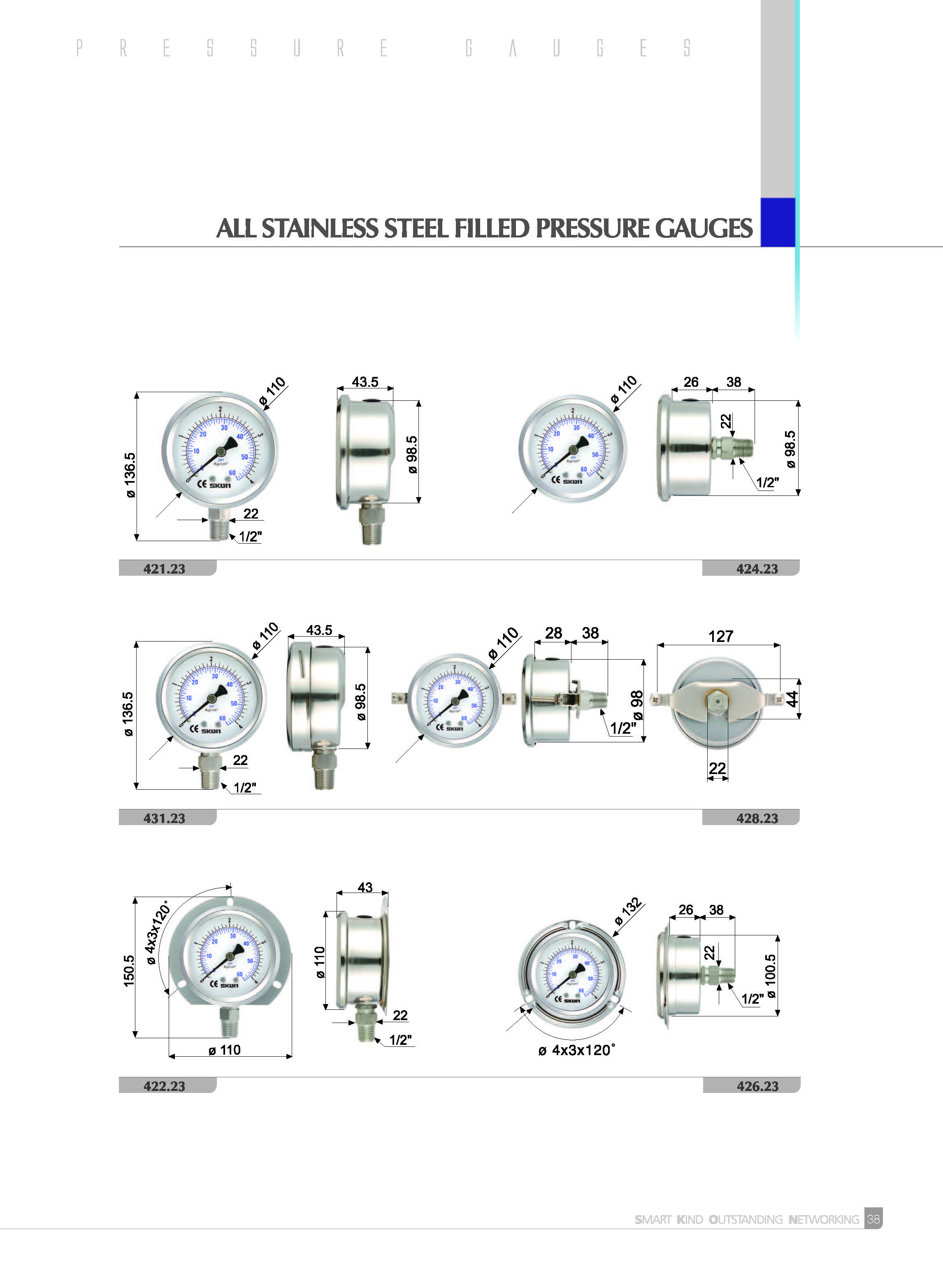 Pressure Gauge 4" เกจวัดแรงดัน หน้าปัด 4" เกลียวออกหลังกลาง 426-21-*** SKON