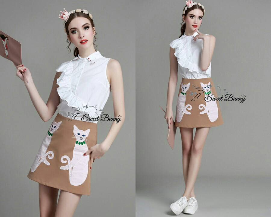Present... Waterfall detail white blouse and embroidery cat brown skirt set