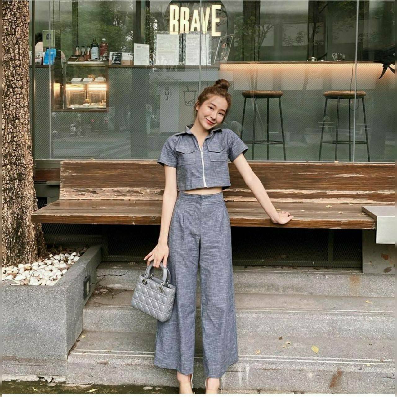 เสื้อซิปหน้า กระเป๋าคู่ กางเกงทรงสวย