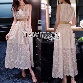 Lady Ribbon Crepe Maxi Dress เดรสผ้าลูกไม้