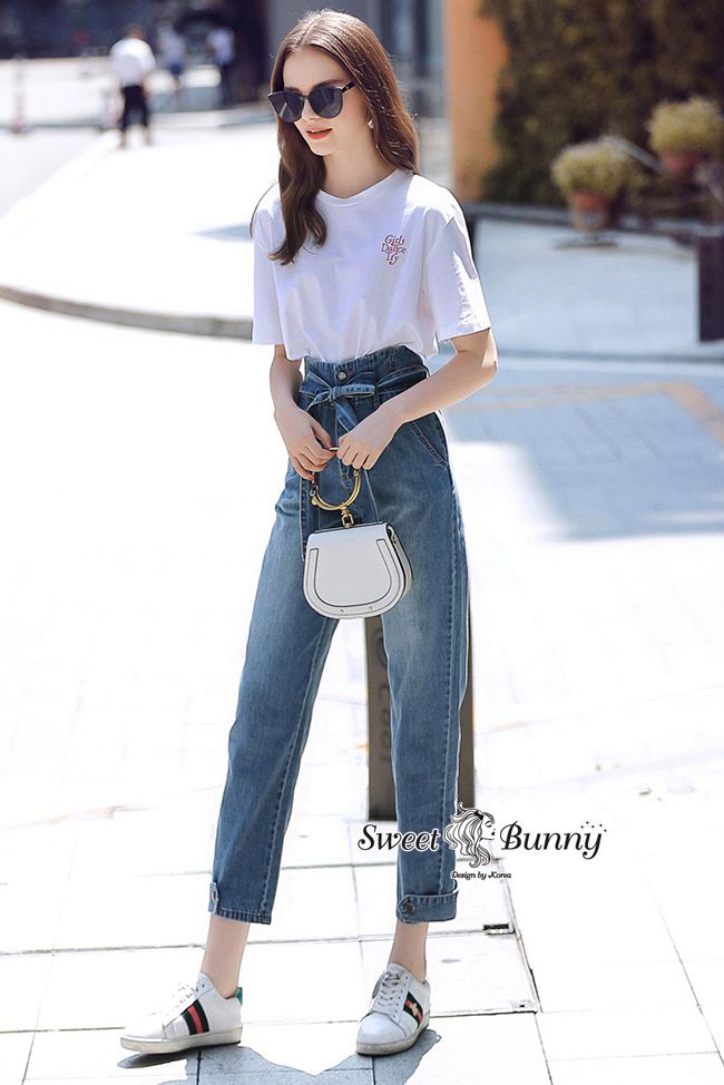 เซ็ทเสื้อยืดกางเกงยีนส์เสื้อยืดผ้าคอตตอนสีขาว