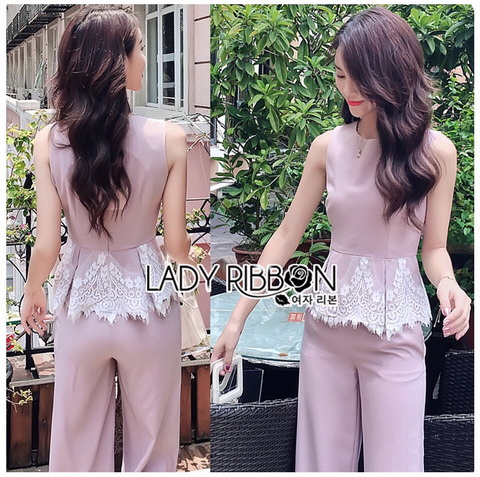 เซ็ตเสื้อแขนกุดทรงคร็อปตกแต่งลูกไม้