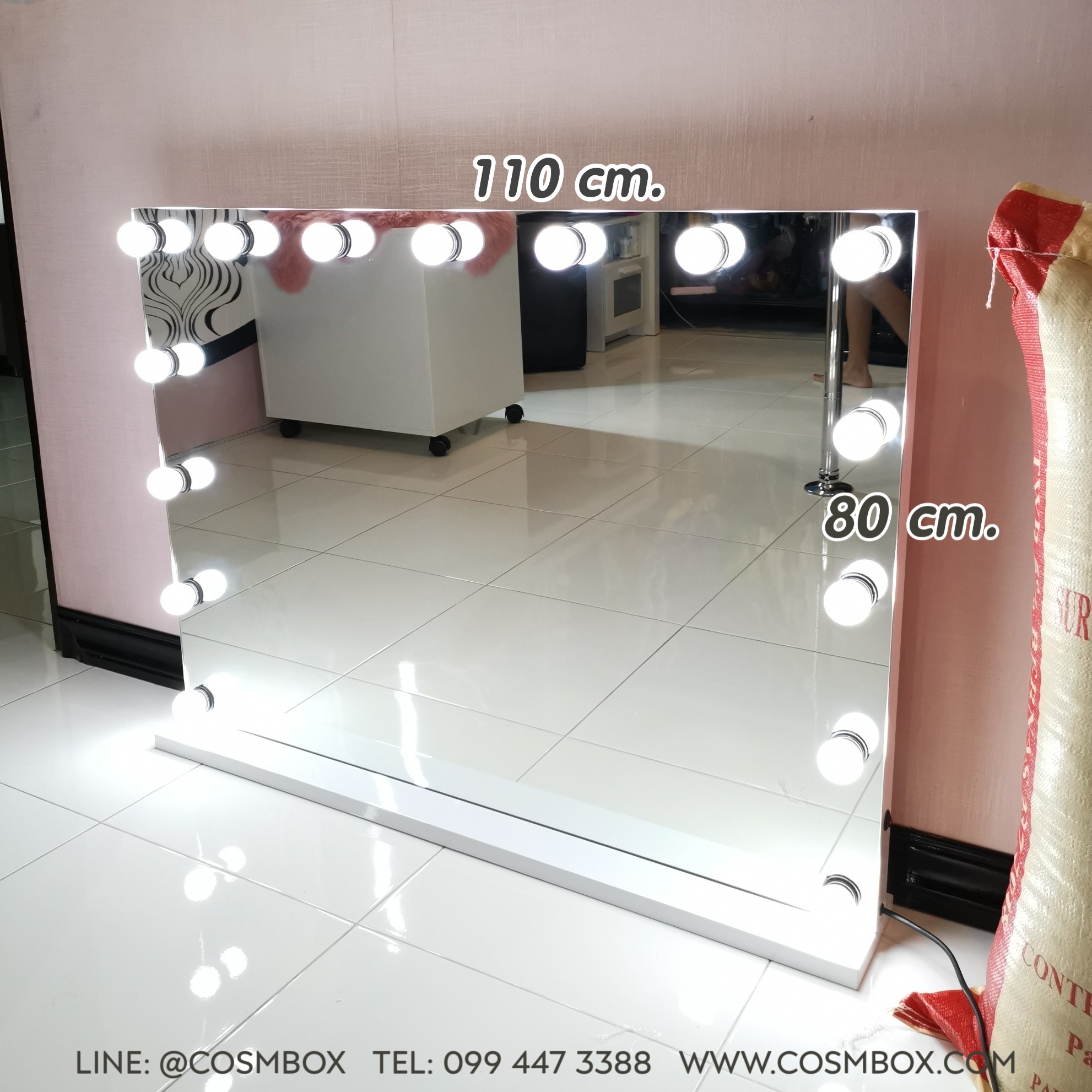 กระจกแต่งหน้า กระจกมีไฟ (Frameless : ไร้ขอบ) - 110 x 80 cm. ไฟ 3 ด้าน (รุ่นตั้งโต๊ะ)
