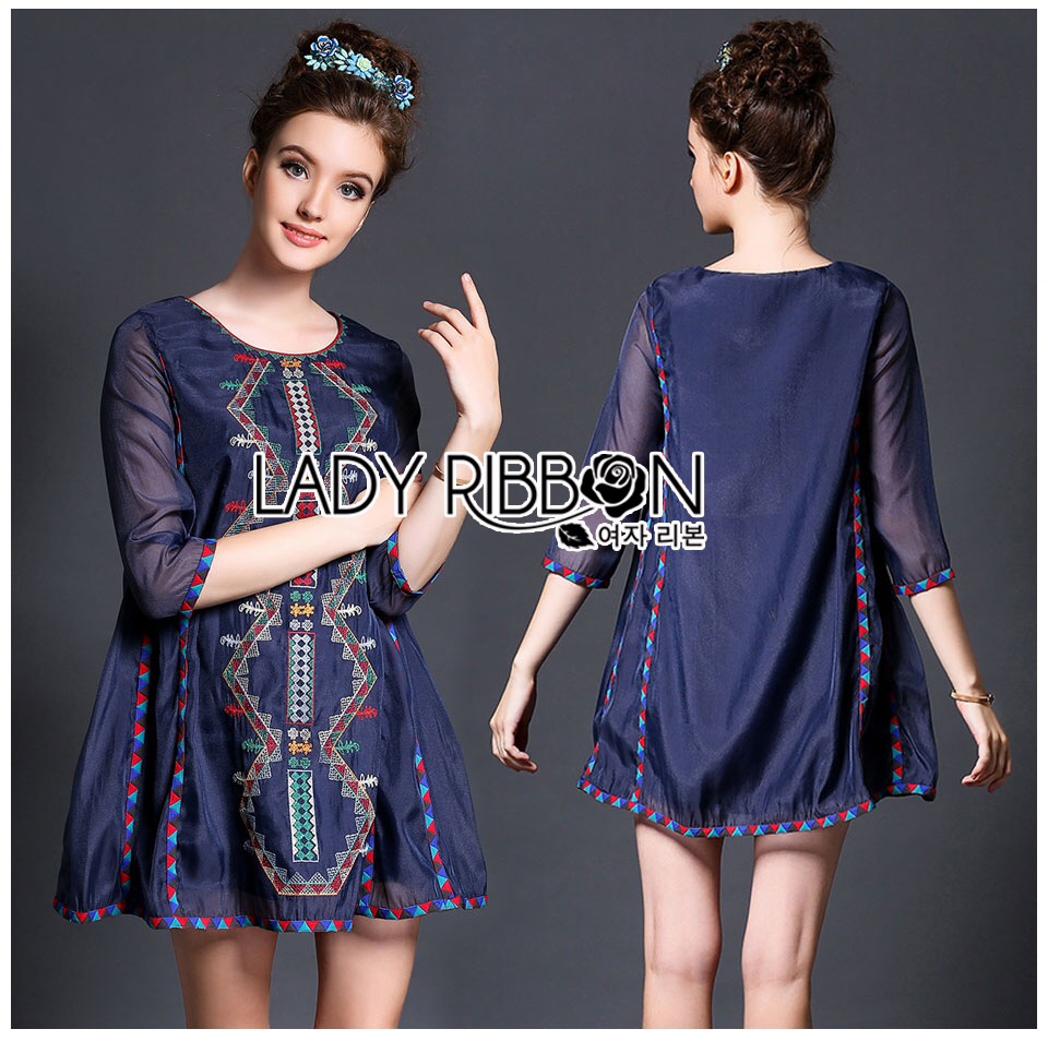 Lady Ribbon Online LR09090616 🎀 Lady Ribbon's Made 🎀 Lady Margherita Mixed Tribal Embroidered Cotton Mini Dress