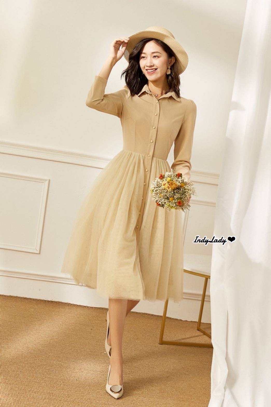 Dress แขนยาว คอปก แต่งกระดุมหน้ายาว