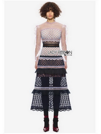 Lady Luna Ruffle Mixed Lace Long Dress