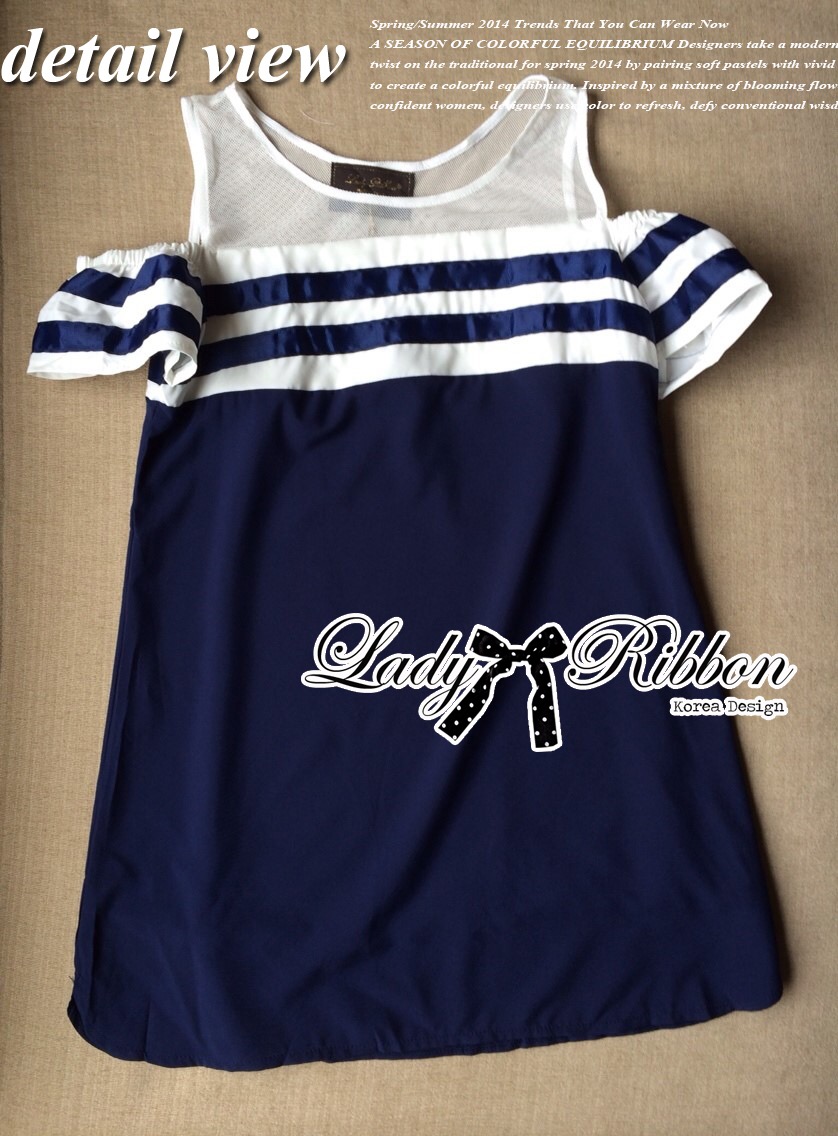 🌹Price : Lady Ribbon เสื้อผ้า LR14120516 🎀 Lady Ribbon's Made 🎀 Lady Isla Glam Chic Navy Blue Striped Dress