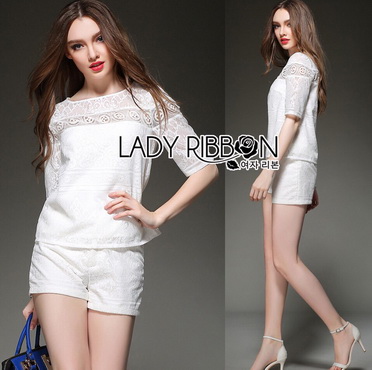 Lady Ribbon Online ขายส่ง เสื้อผ้าออนไลน์ ของแท้ LR21040716 🎀 Lady Ribbon's Made 🎀 Lady Basic Lace Blouse and Hot Pants Ensemble Set