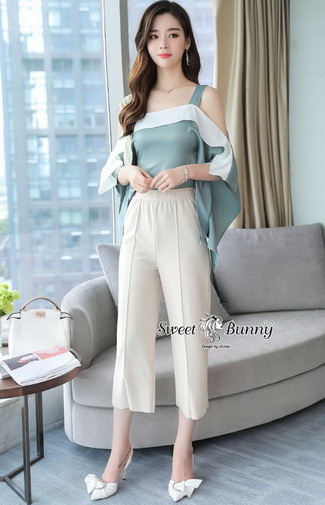 เซ็ทเสื้อ+กางเกงเกาหลีเสื้อผ้าไหมซาติน