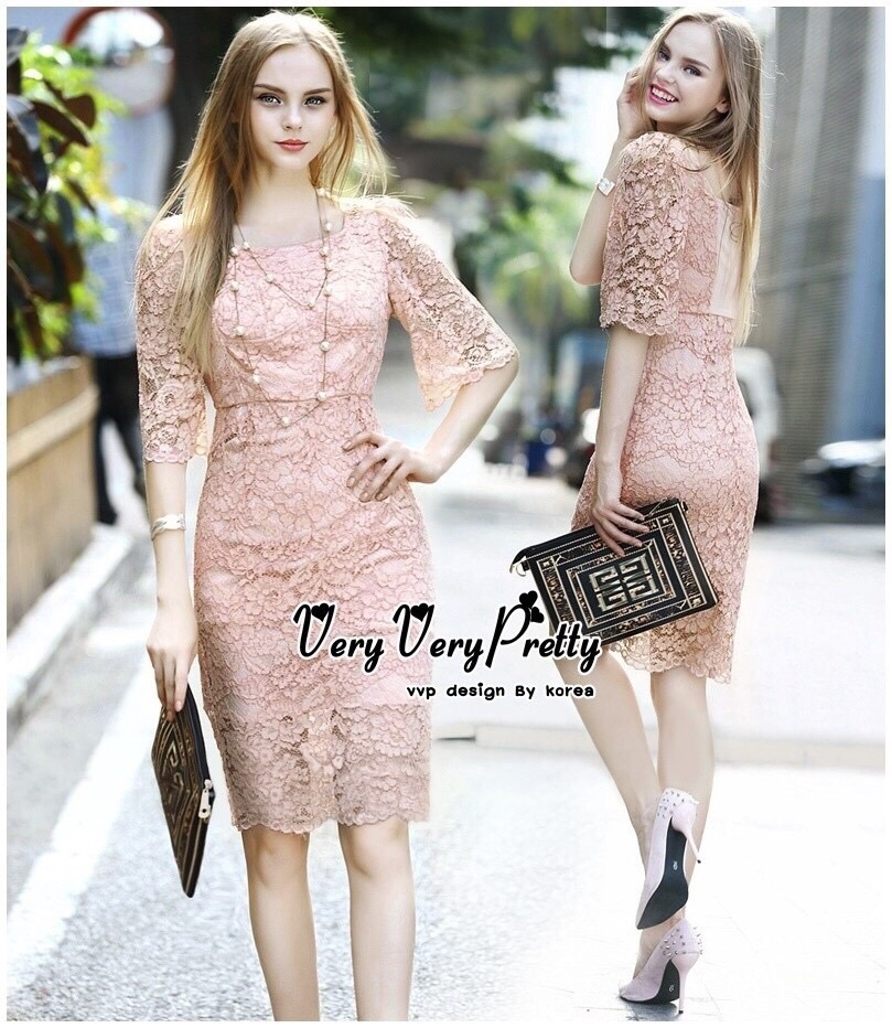 Lady Ribbon Online เสื้อผ้าออนไลน์ ขายส่ง VP04110716 Luxury Vintage embroidered Flowers Lace Dress
