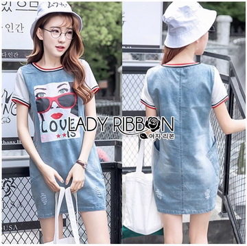 Lady Ribbon ขายส่งเสื้อผ้าออนไลน์พร้อมส่งของแท้ LR14220716 🎀 Lady Ribbon's Made 🎀 Lady Sara Street Chic Printed Soft Denim Dress
