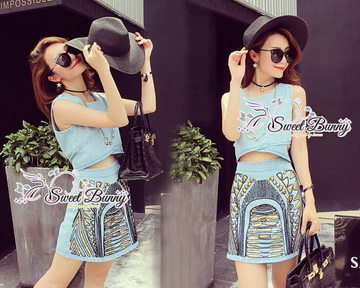 Lady Ribbon Online ขายส่งเสื้อผ้าออนไลน์พร้อมส่งของแท้ SW13220716 Sweet Bunny Present... Colabo Denim Skirt Set