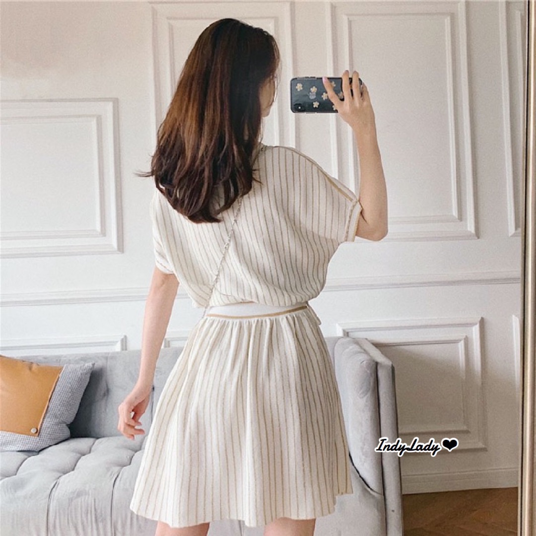 Dress งานไหมพรม แขนสั้น ลายริ้ว