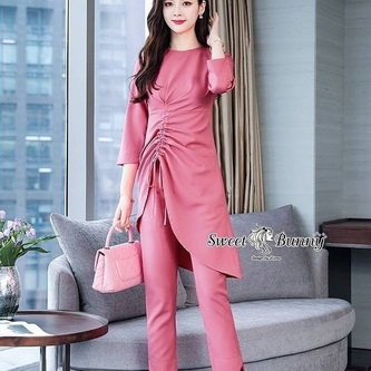 ผ้าพื้นงานเกาหลีทั้งชุดผ้ายืดสีชมพูสวยหวาน