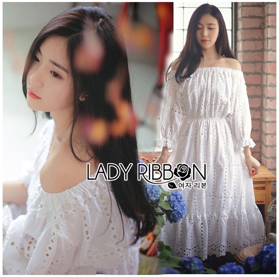 Lady Ribbon Online LR17090616 🎀 Lady Ribbon's Made 🎀 Lady Paula Pure Princess Laser-Cut Off-Shoulder Cotton Maxi Dress