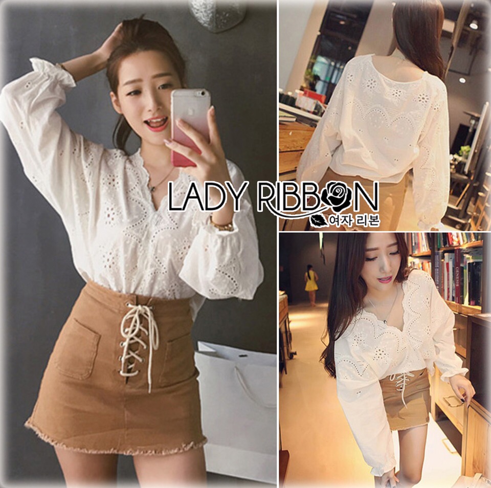 Lady Ribbon เสื้อผ้า 🎀 Lady Ribbon's Made 🎀 Lady Laurel Embroidered and Laser-Cut Cotton Cropped Top in White