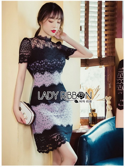 มินิเดรสผ้าลูกไม้ตกแต่งลายทางสลับ