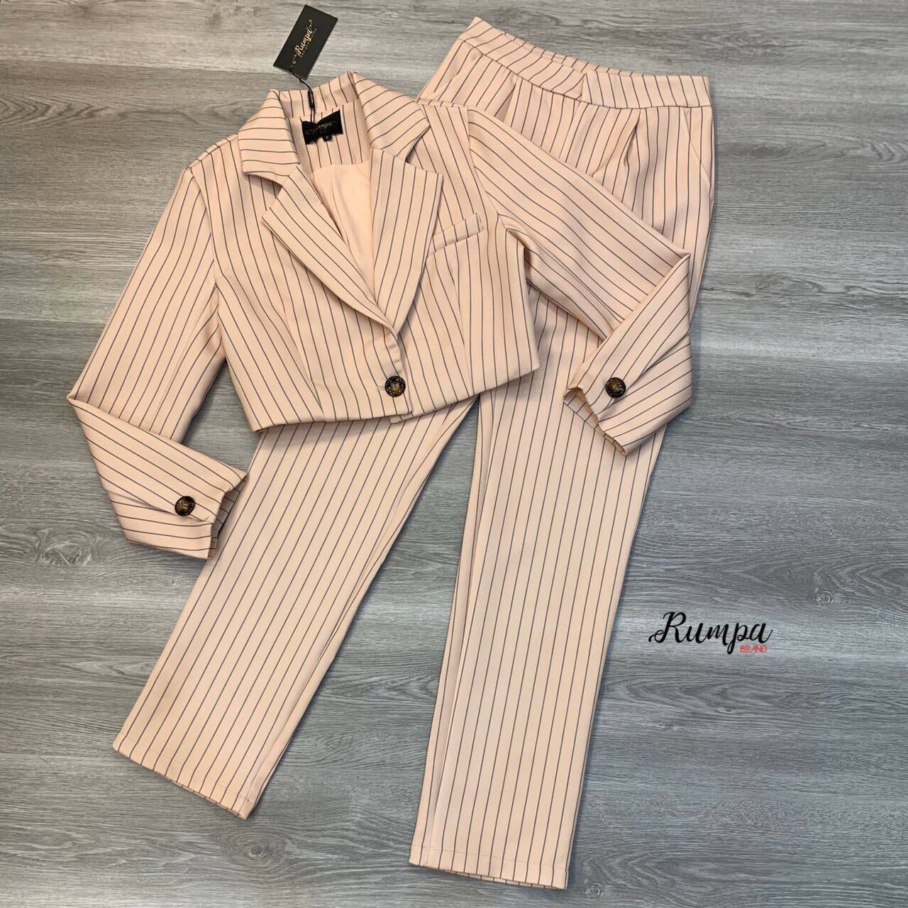 เซตเสื้อมินิเบเซอร์ลายริ้วสีนู้ด