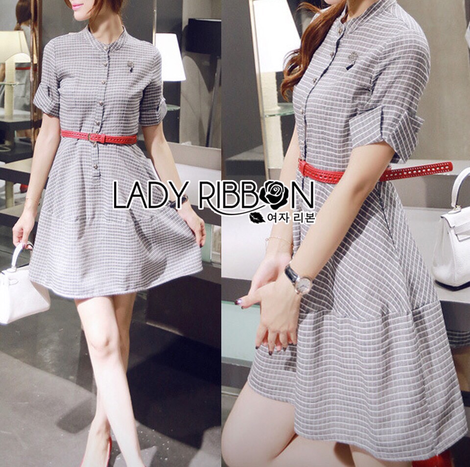 Lady Ribbon Online LR16300516 🎀 Lady Ribbon's Made 🎀 Lady Sara Minimal Asymmetric Grey Dress with Red Belt