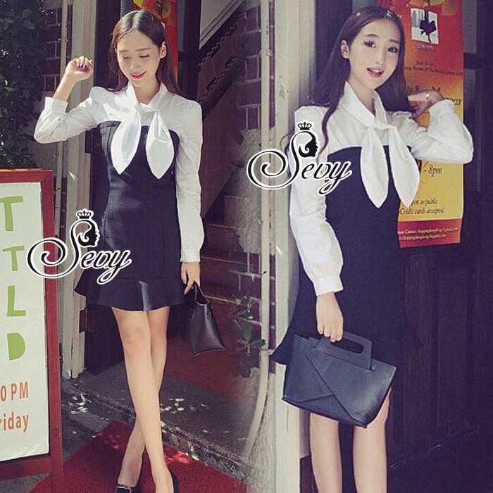 Sevy SV13060616 Cool Item-Restock 🎉Sevy Ribbon Neck Long Sleeve Contrast Bust Mini Dress