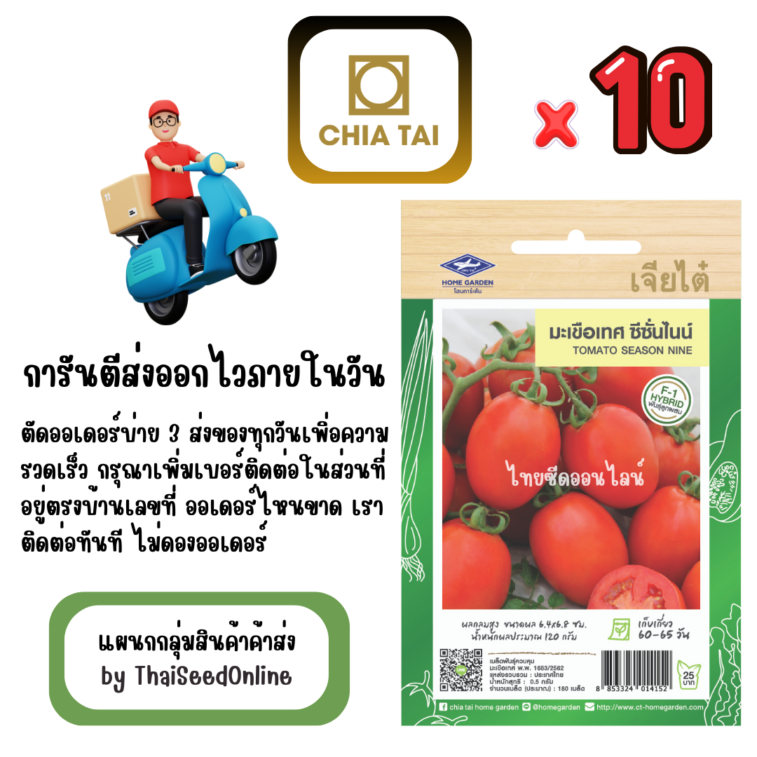 CTF1 x 10 เมล็ดผักซองเจียไต๋ มะเขือเทศลูกท้อ ซีซั่นไนน์ สินค้ายกแพ็ค