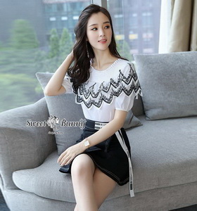 เสื้อปักกระโปงผ้ายีนส์แฟชั่นสีขาว