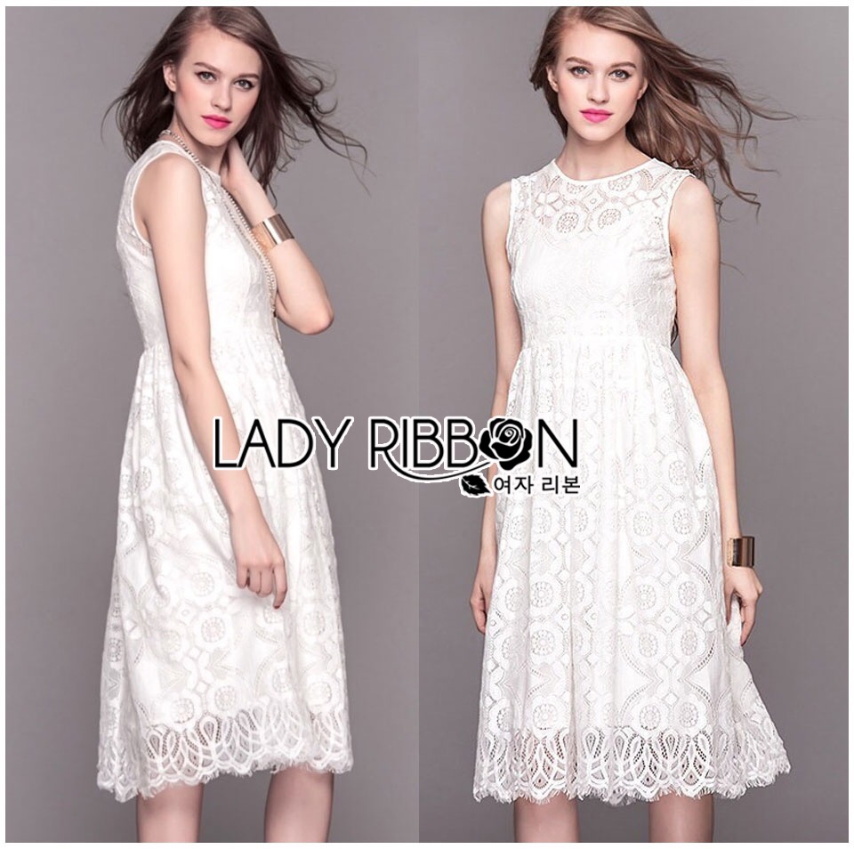 🎀 Ladyribbon Made 🎀 Lady Erina Casual Chic Classic Sleeveless Lace Dress in White เดรสแขนกุด