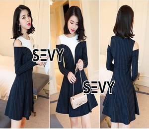 Dress เปิดใหล่เสื้อผ้าแฟชั่นแขนยาวสีกรม
