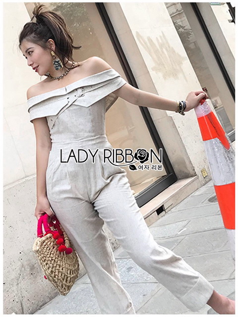 จัมป์สูทผ้าลินินทรงเปิดไหล่ตกแต่งเลเยอร์