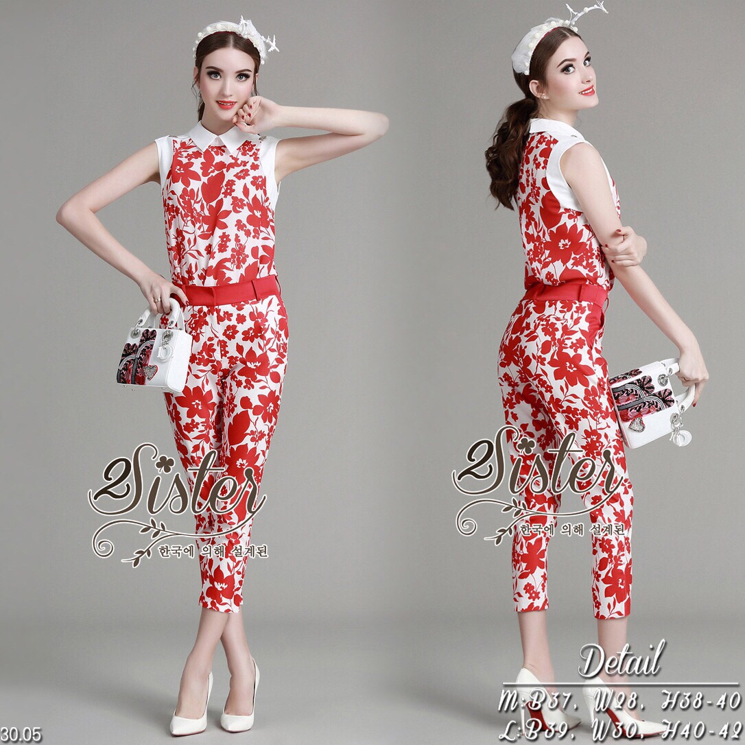 Lady Ribbon Online Sister ST17290516 🍀สินค้าพร้อมส่ง🍀 한국에 의해 설계된 2Sister Made, Red Korea Flora Print Sleeveless Vintage Set