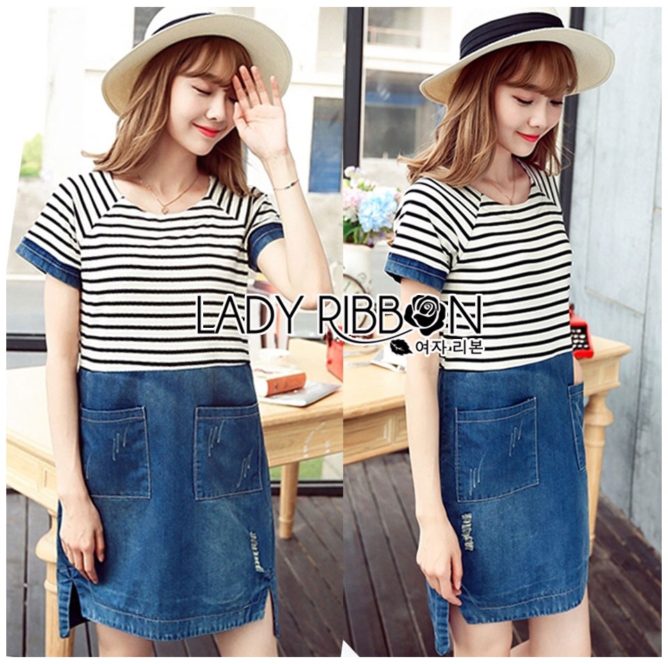 Lady Ribbon Online LR06060616 🎀 Lady Ribbon's Made 🎀 Lady Miranda Casual Minimal Striped and Denim Dress เ