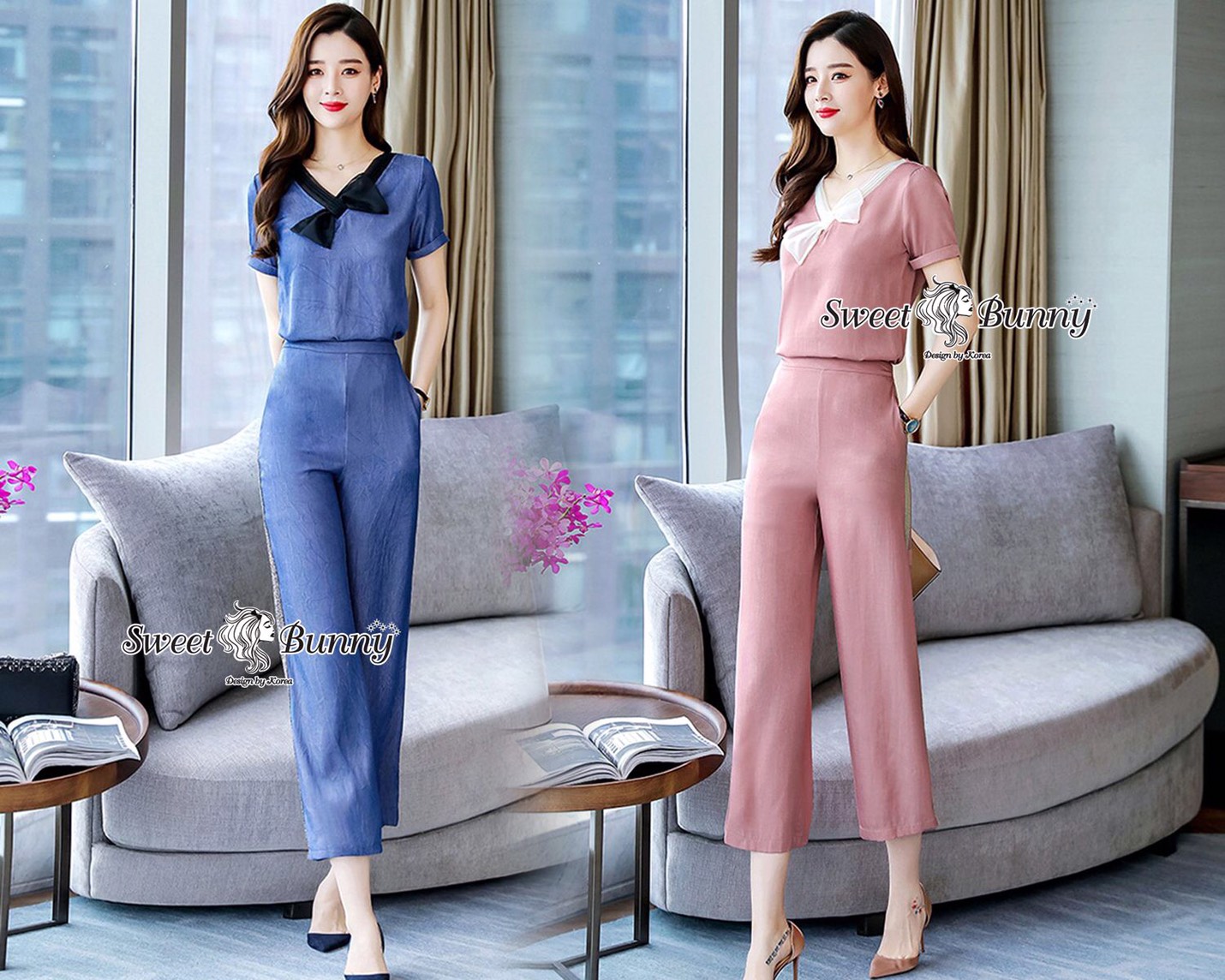 เสื้อคอวีแขนสั้น คอใช้ผ้าตัดกับสีชุดเย็บเป็นโบว์