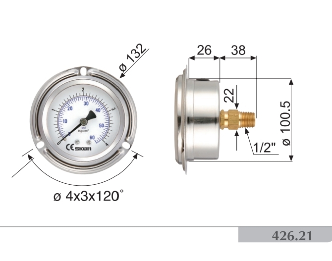 Pressure Gauge 4" เกจวัดแรงดัน หน้าปัด 4" เกลียวออกหลังกลาง 426-21-*** SKON