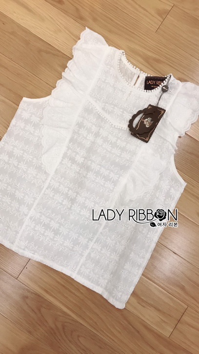 เสื้อแขนกุดผ้าคอตตอนสีขาวปักลายตกแต่งระบาย