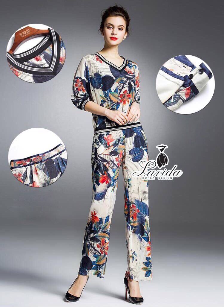 Lavida fashionable flower & leaf printed v neck top long pants set