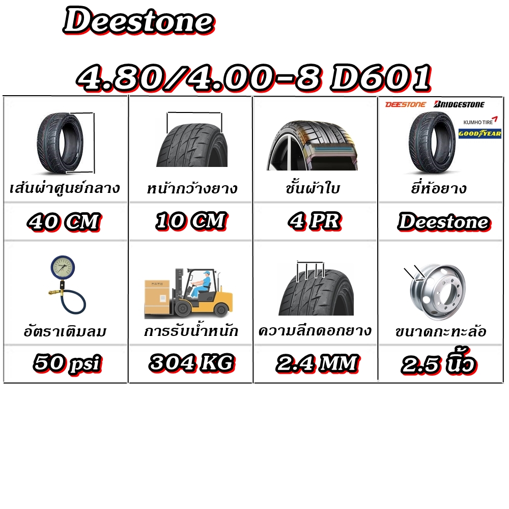 ยางรถอุตสาหกรรม & รถเข็น ยี่ห้อ DEESTONE รุ่น D601 ขนาด 4.80/4.00-8 4PR + ยางใน