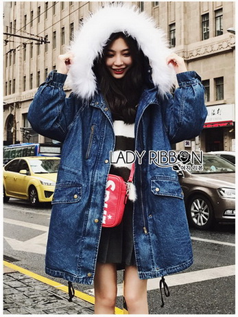 Chic Lady Ribbon Fur-Hood Denim Jacket