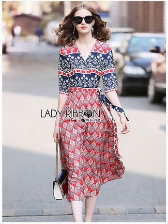 Lady Jane Red and Navy Printed Kimono Dress
