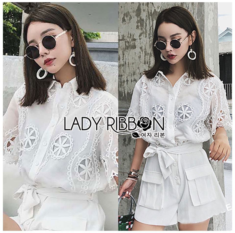 Shirt Jumpsuit เชิ้ตจัมป์สูทขาสั้นผ้าคอตตอนฉลุลาย