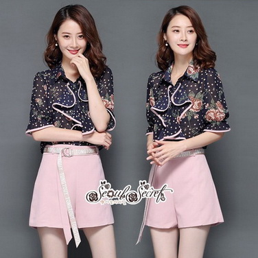 เสื้อเชิ๊ทเนื้อผ้าชีฟองแบบโปร่งกางเกงโทนสีชมพูหวานๆ