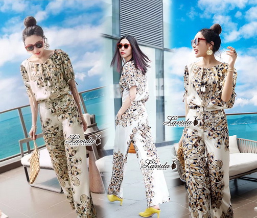 งานเซตเสื้อ+กางเกง เสื้อทรงปล่อยคอและแขนจั้มผูกโบว์