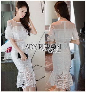 Lady Ribbon Ruffle Lace Dress เดรสชีฟองสีขาว