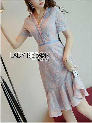 ชุดเดรสผ้าลูกไม้สีชมพูฟ้าพาสเทล