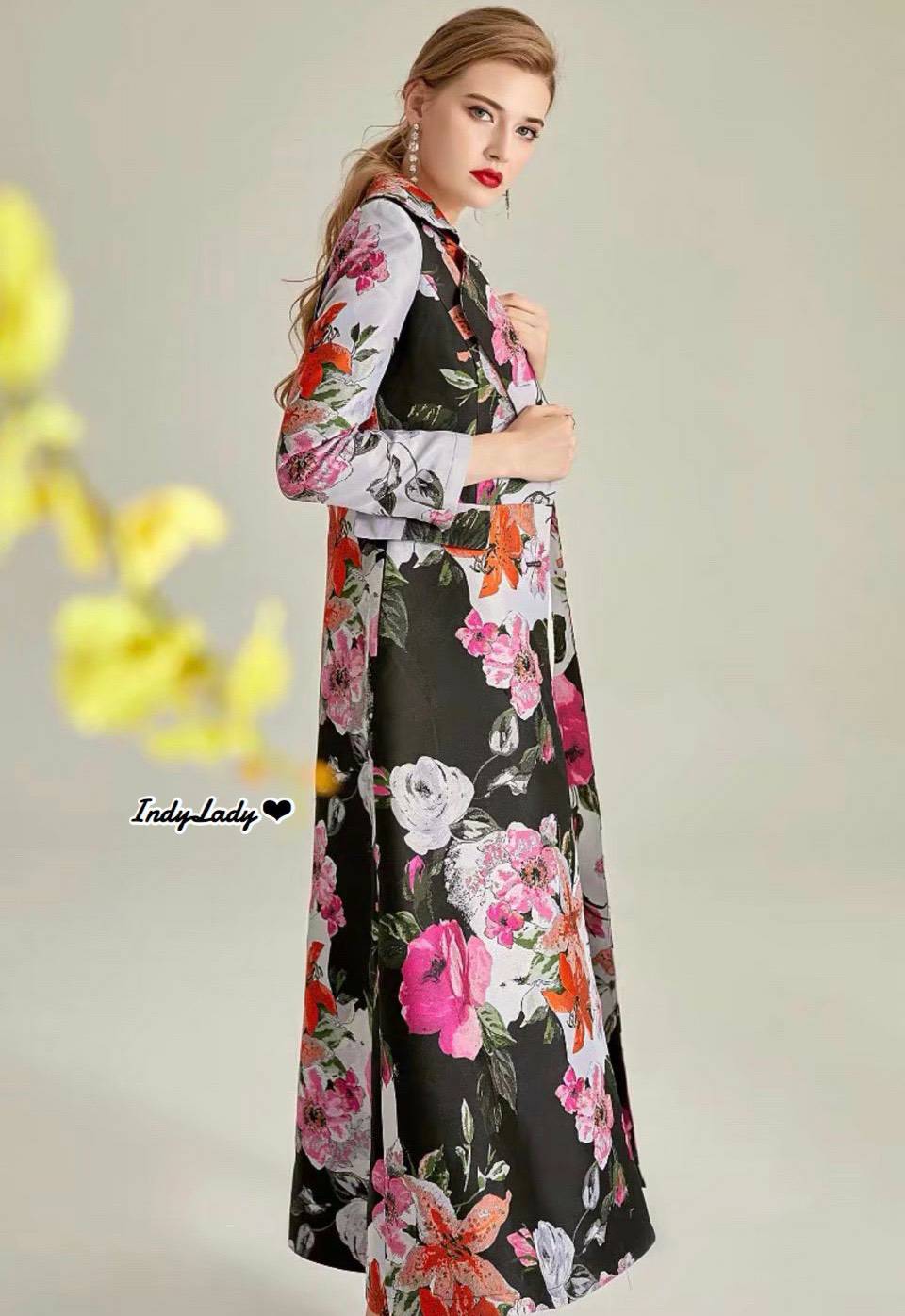 Dress คอปกแขนยาวทอลายดอกไม้